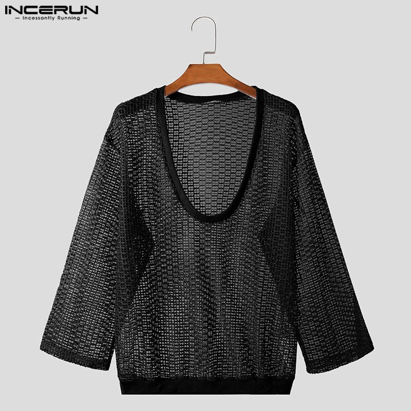 INCERUN Men T Shirts V Neck 3/4 Sleeve Mesh Transparent Sexy Casual Camisetas Streetwear Hollow Out Fashion Men Clothing 250616