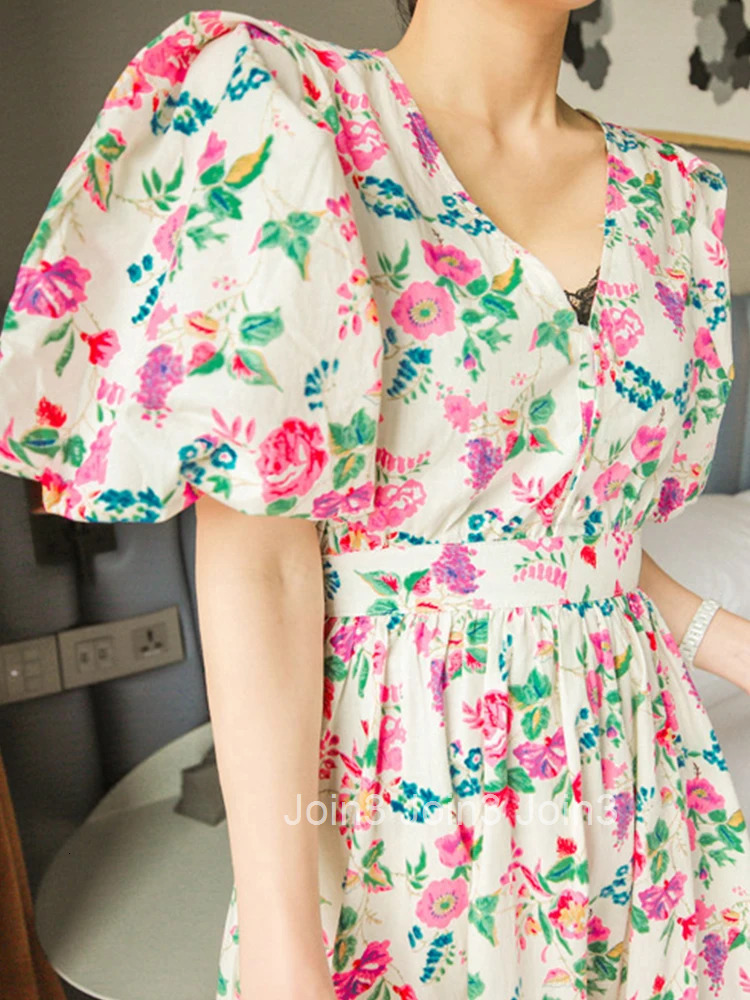 Korean Summer Elegant Women Long Dress Mujer Floral Print Puff Sleeve Maxi Dresses Party Beach Ladies Streetwear Robe Vestidos