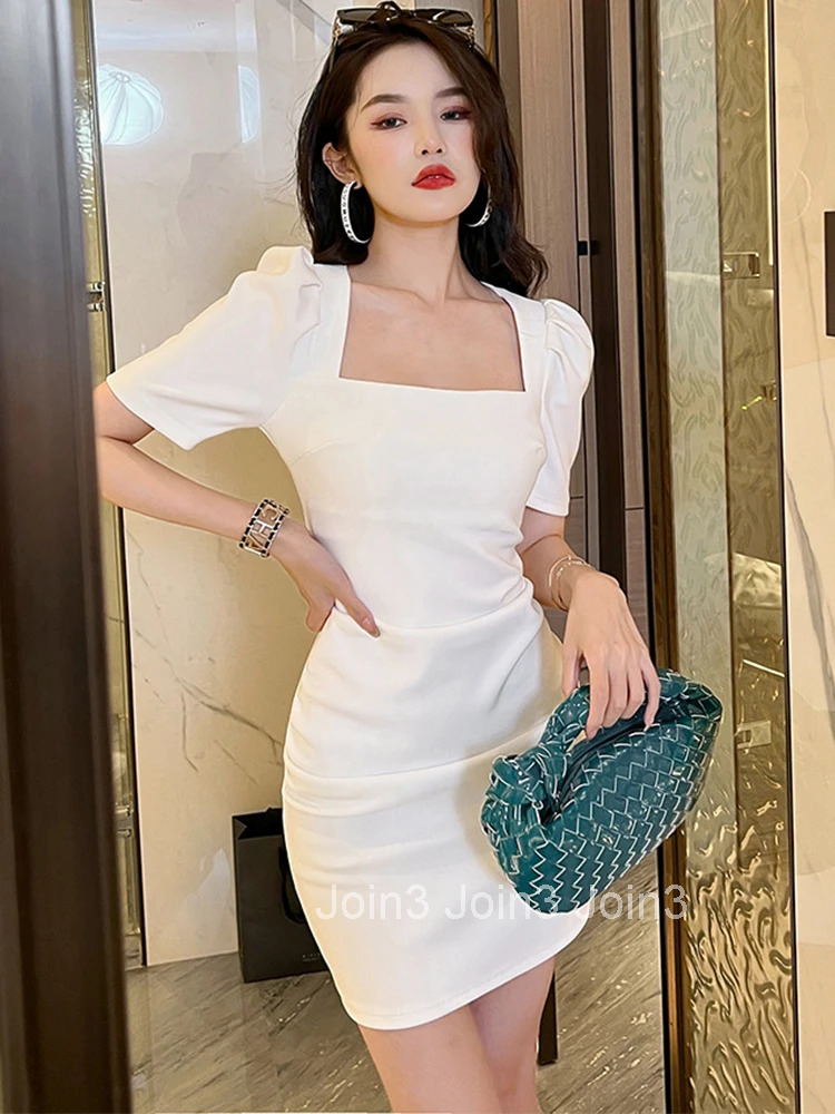 New Korean Elegant Office Women Evening Dress Temperament Formal Simple Square Collar Slim Mini Party Street Lady Mujer Vestidos