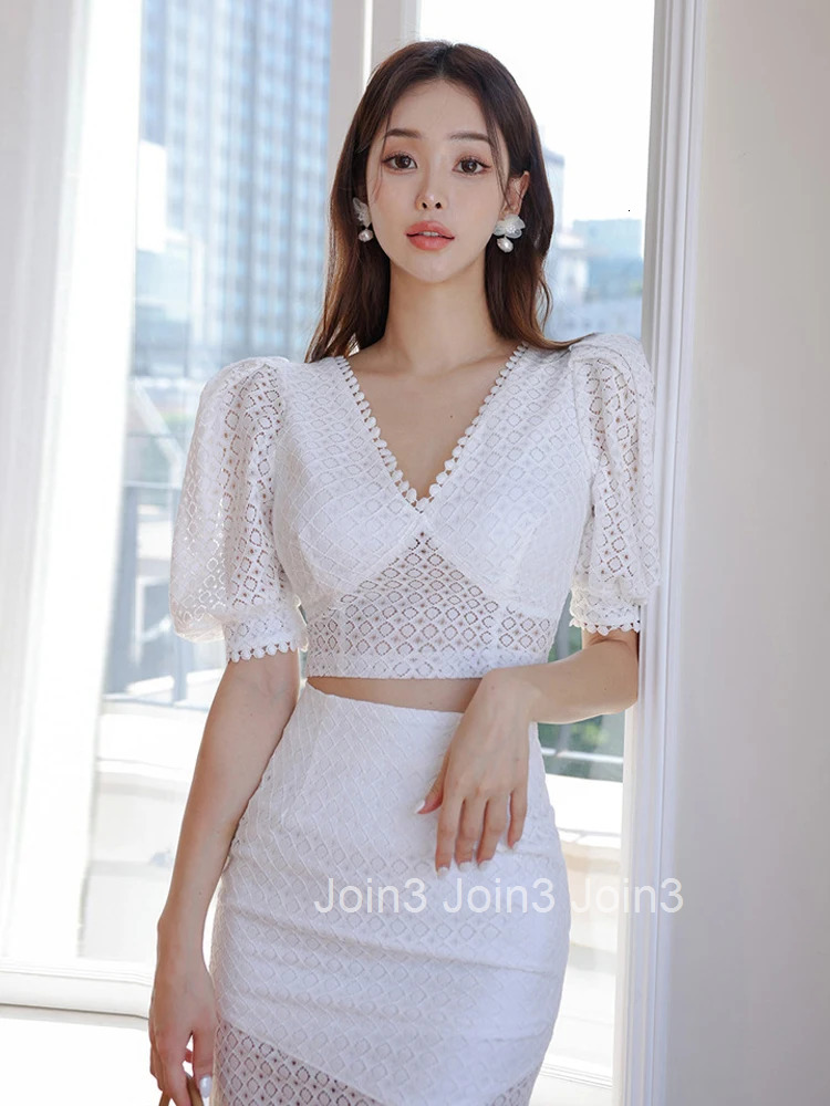 Fashion White Sexy 2 Pieces Outfit Women Clothes Sweet Puff Sleeve Cropped Tops Shirt Blouse And High Waist Midi Skirt Mujer Set