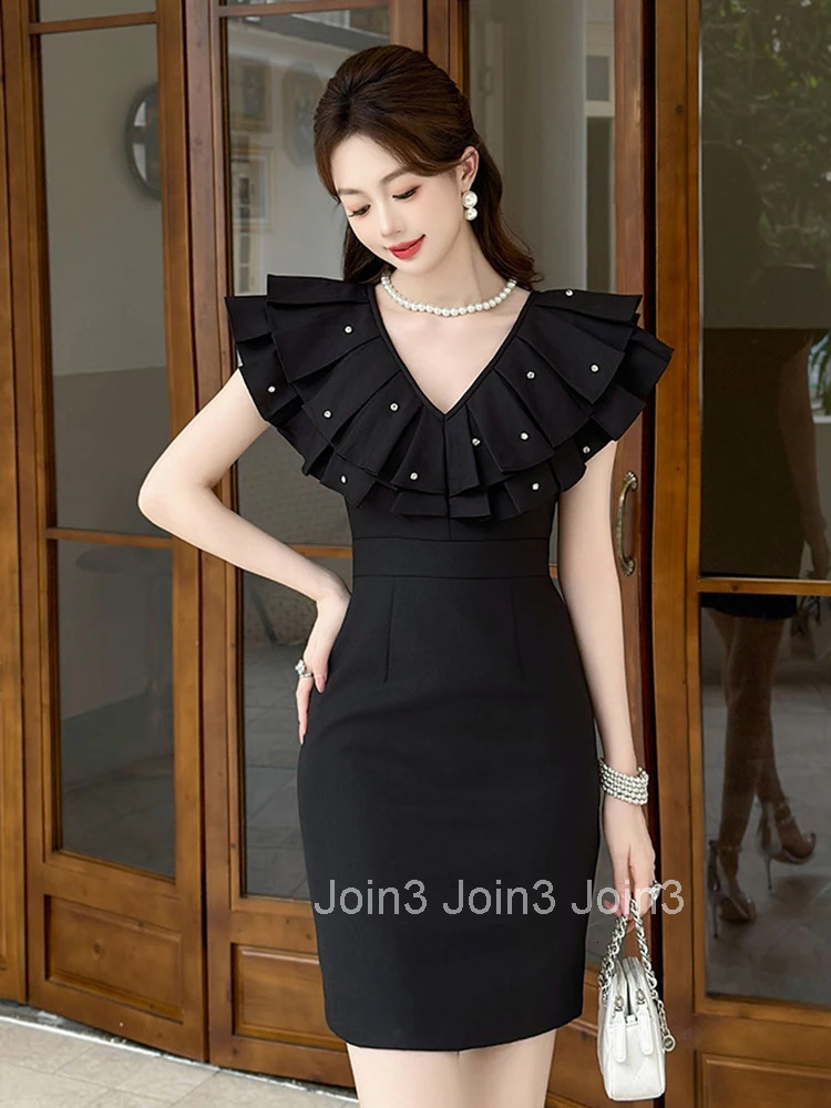 New Summer French Elegant Birthday Evening Dress Women Clothes Sweet Ruffle V-Neck Slim Pencil Short Party Prom Vestidos Commute