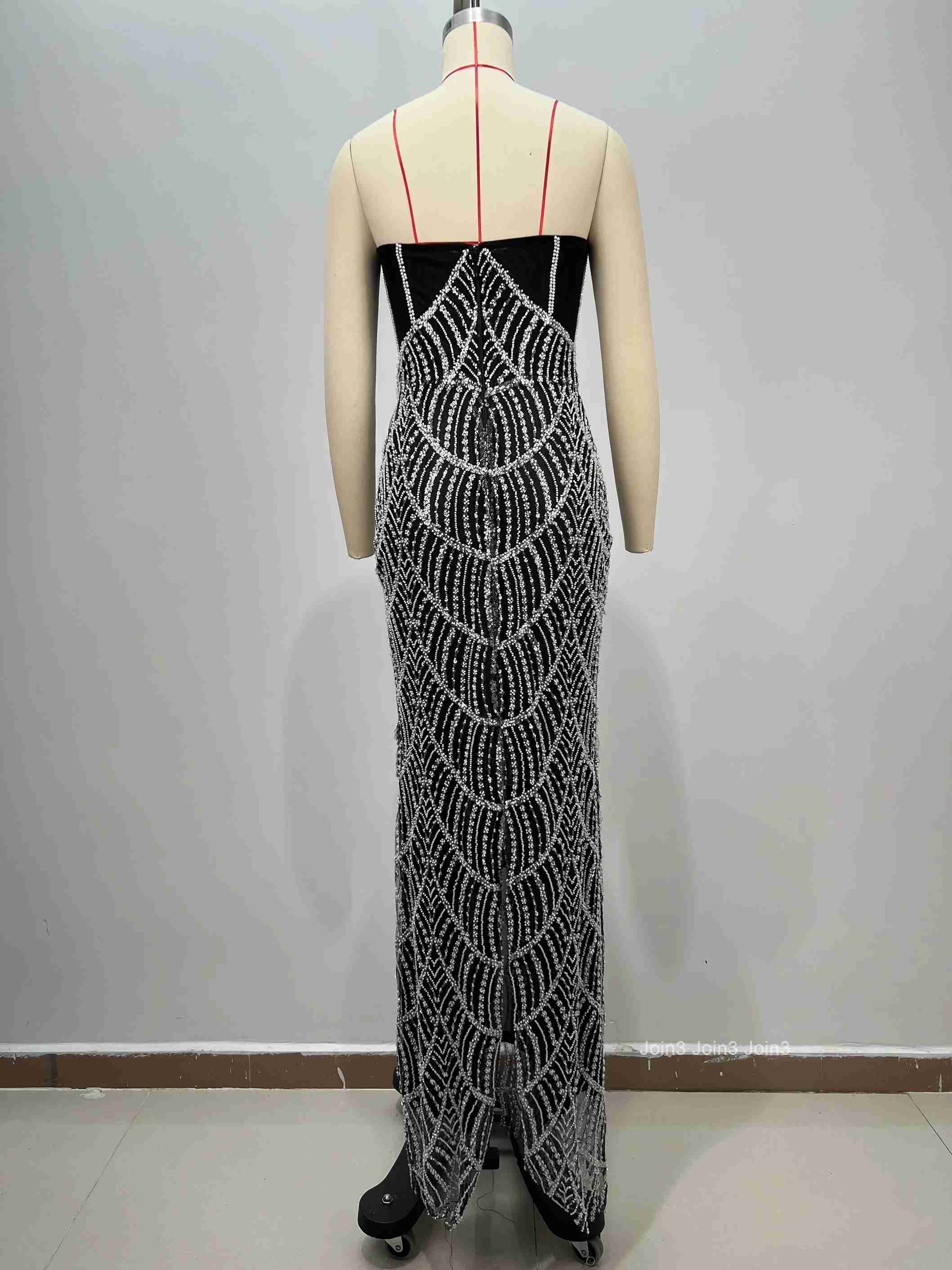Sexy Backless Sheer Mesh Hollow-out Pearl Strapless Slim Long Evening Gown