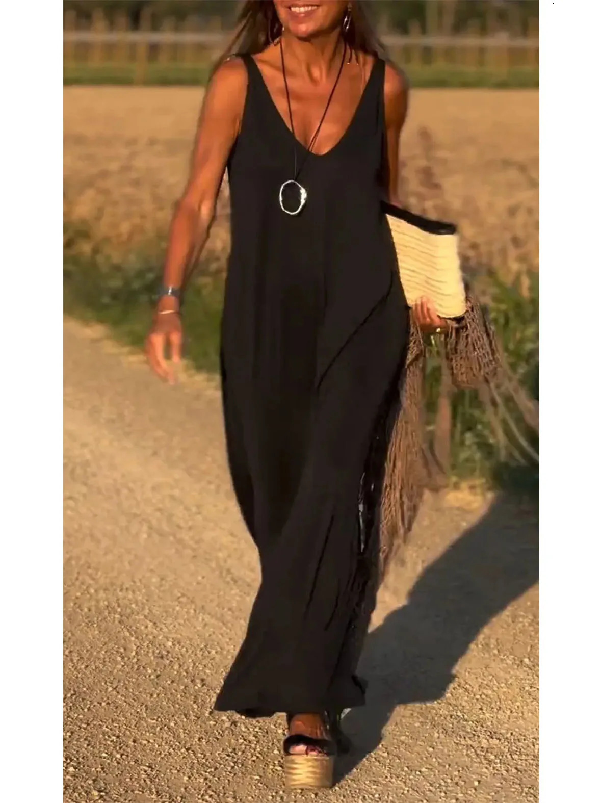 2024 Summer Womens VNeck Knit CoverUp Dress Beach Resort Maxi Slip Lightweight Loose Fit Boho Vacation Outfit 250616