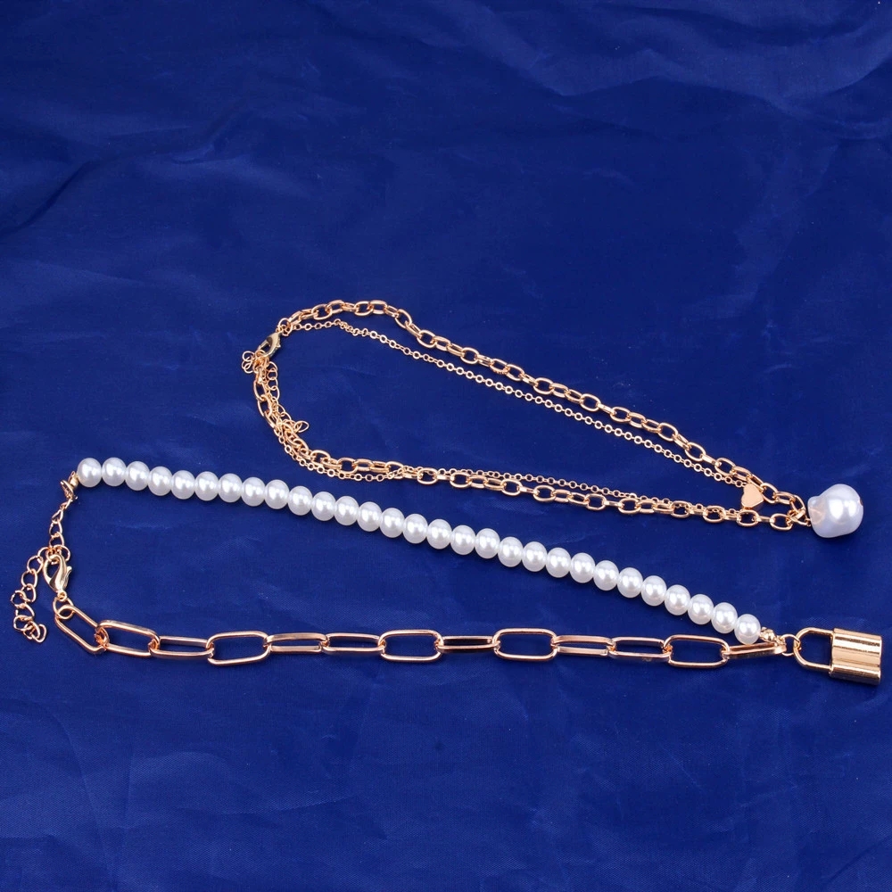 Chic Womens Vintage Style Heart Pendant Necklace Trio Featuring Layered Baroque Pearls