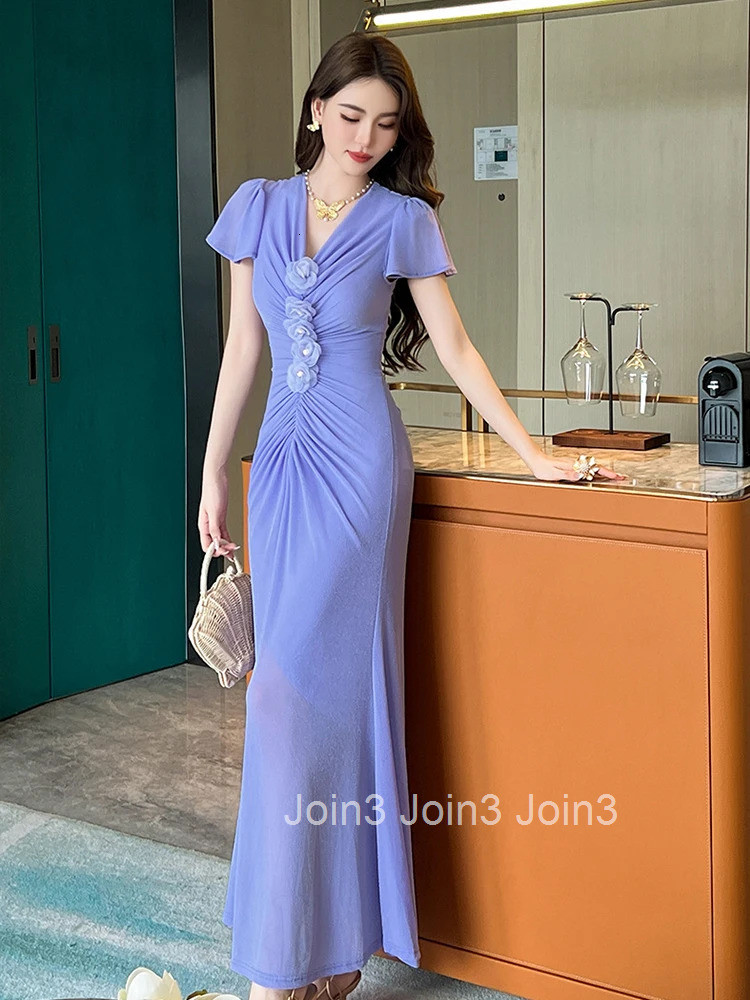 French Romance Purple Vacation Evening Dress Women Stretchy Clothes Elegant Floral V-Neck Skinny Maxi Robe Party Prom Vestidos