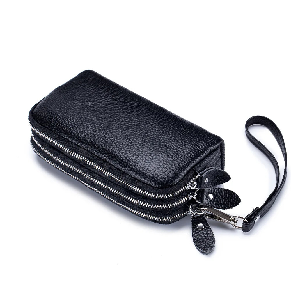 Genuine Leather Women Long Wallet 3-Layer Zipper Clutch Purse Bag Large Capacity Wristlet Wallet Phone Bag Money Pocket 250617