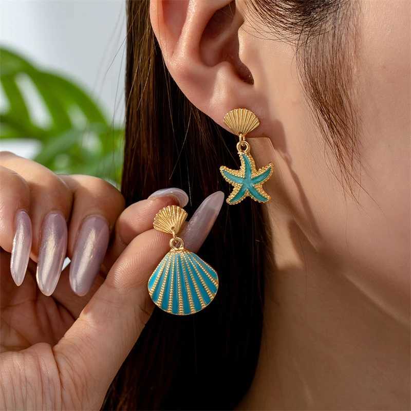 Summer Beach Asymmetrical Metal Shell Starfish Earrings for Women Sweet Enamel Conch Drop Earring Girls Holiday Jewelry Gift XJ250623