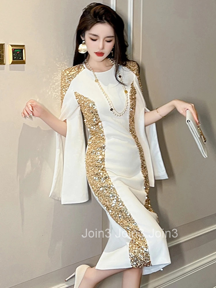 Fashion Sparkly Gold Sequin Evening Dress Women Ladies Clothing Elegant Commute Chic Slit Sleeve Midi Prom Robe Mujer Vestidos
