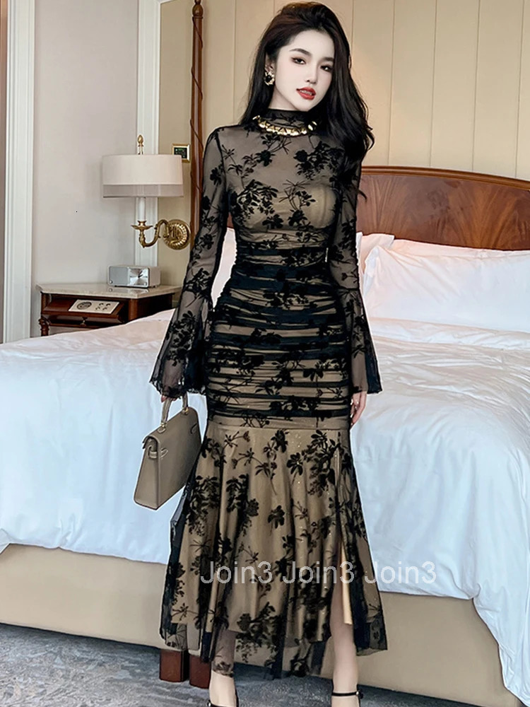 Fashion Mesh Sexy Long Evening Dress Women Ladies Chic Flare Sleeve Skinny Maxi Party Prom Robe Mujer Vestidos Elastic Clothing