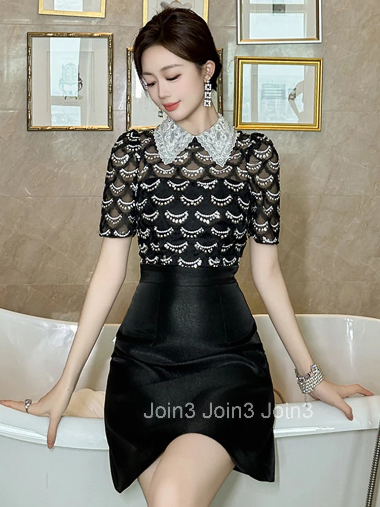 Summer Sweet Black Formal Occasion Short Dress Women Clothes Elegant Luxury Short Sleeve Slim Mini A-Line Party Prom Vestidos