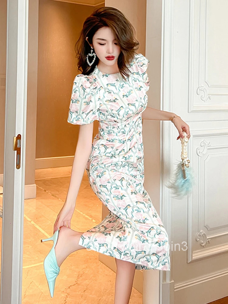 Summer Elegant Office Women Evening Dress Vintage Floral Print O-Neck Slim Midi Pencil Party Prom Beach Robe Femme Mujer Vestido