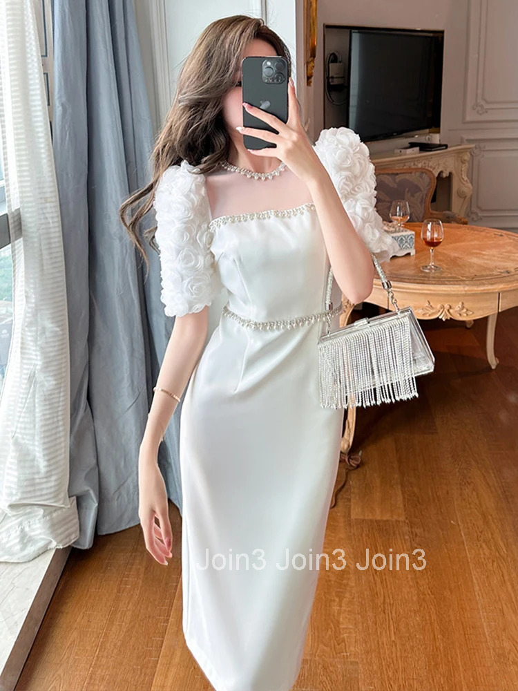 New Summer Satin Women Evening Dress Chic White Mesh Sheer O-Neck Slim Midi Pencil Party Prom Birthday Robe Femme Mujer Vestidos