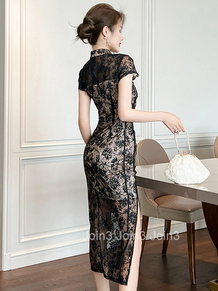 New Chinese Style Qipao Summer Evening Dress Women Lady Lace Chic Black Sexy Stand Neck Slim Midi Party Club Prom Mujer Vestidos
