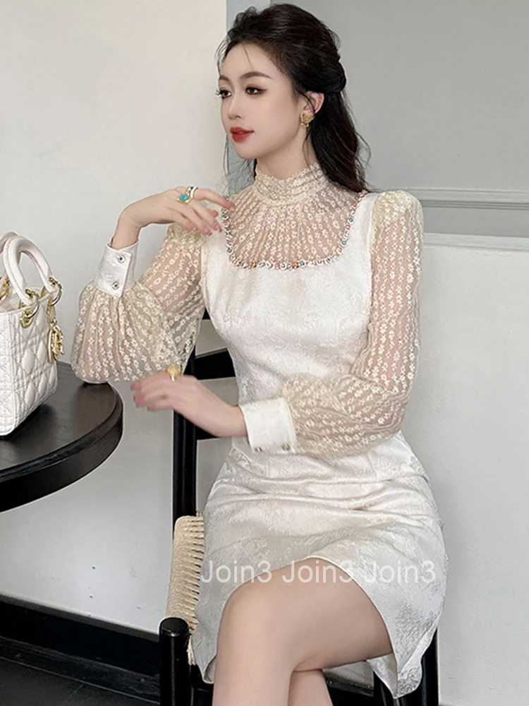 Fashion Lady Jacquard Fake 2 Pieces Evening Dress Women Clothing Sweet Elegant Luxury Puff Sleeve Slim Short Party Prom Vestidos