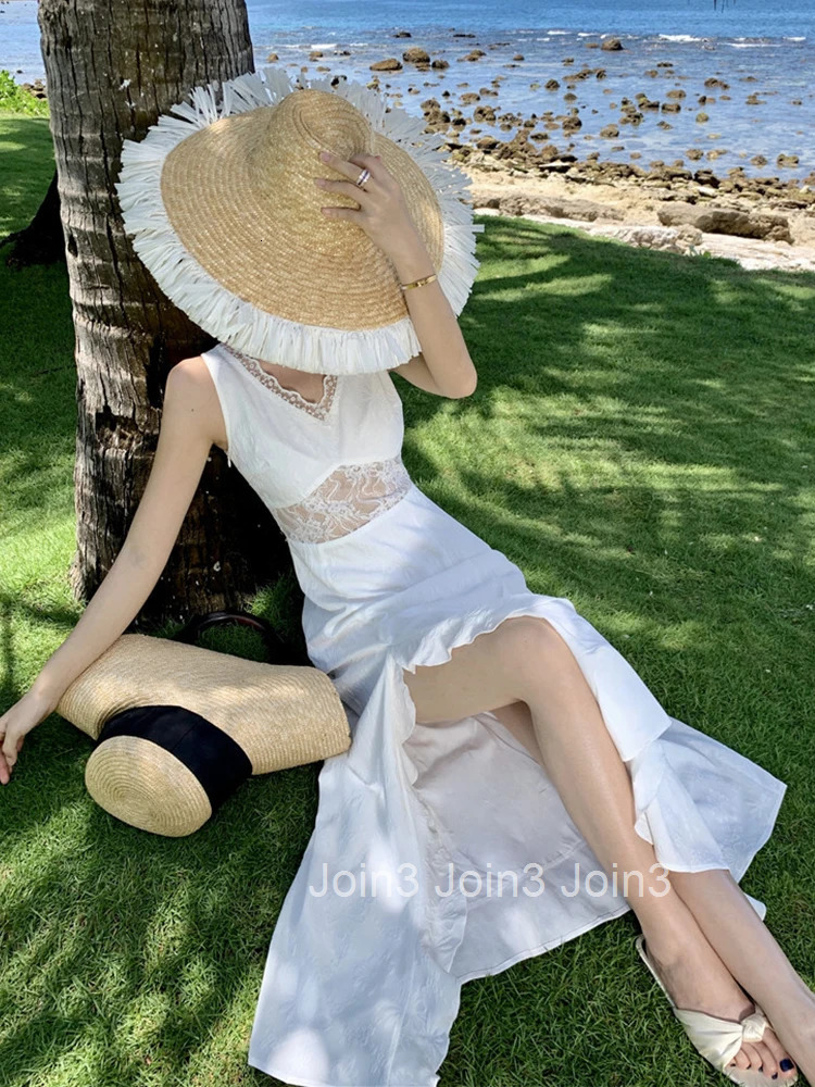 Women Vacation Clothes White Lace Floral Sheer Sexy V-Neck Slim A-Line Long Dress Elegant Fashion Party Prom Vestido Robe Casual