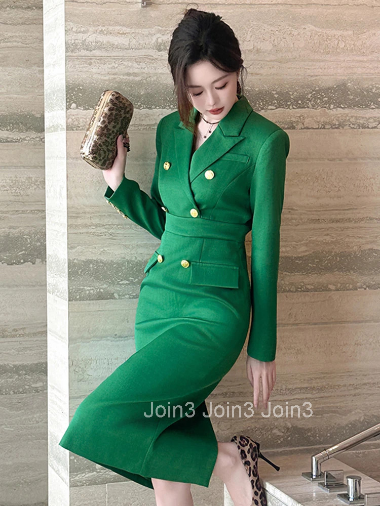 New Autumn Business Formal Occasion Classic Green Pencil Dress Women Clothes Elegant Office Lady Long Sleeve Slim Midi Vestidos