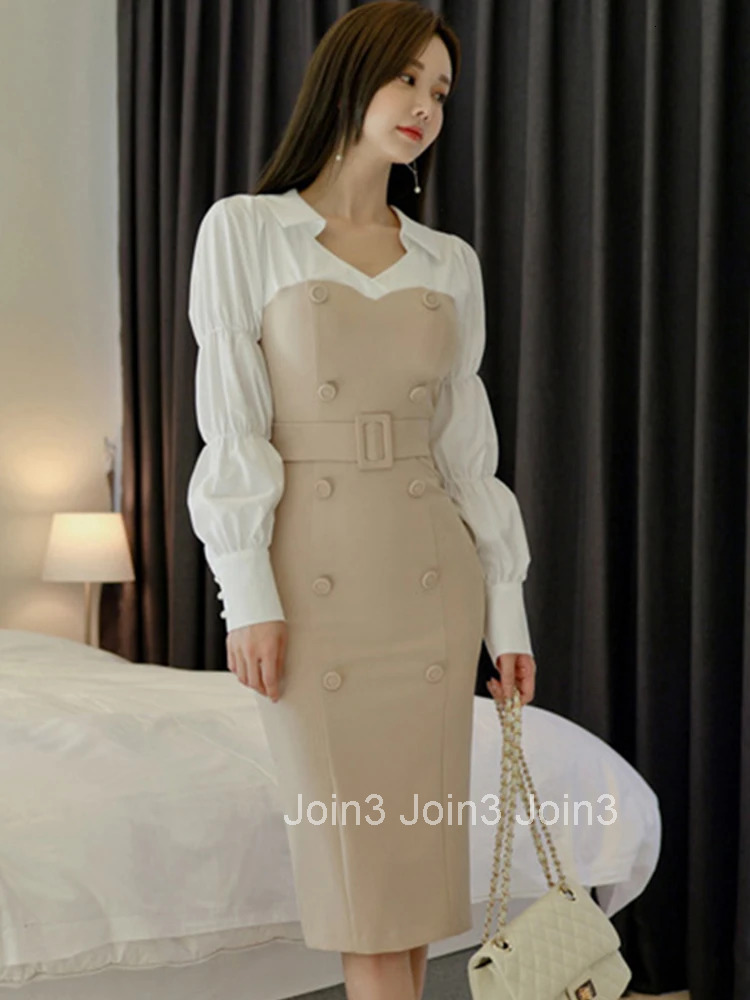 new arrival fashion spring autumn women temperament age reduction patchwork double breasted v-neck lantern sleeve pencil dress