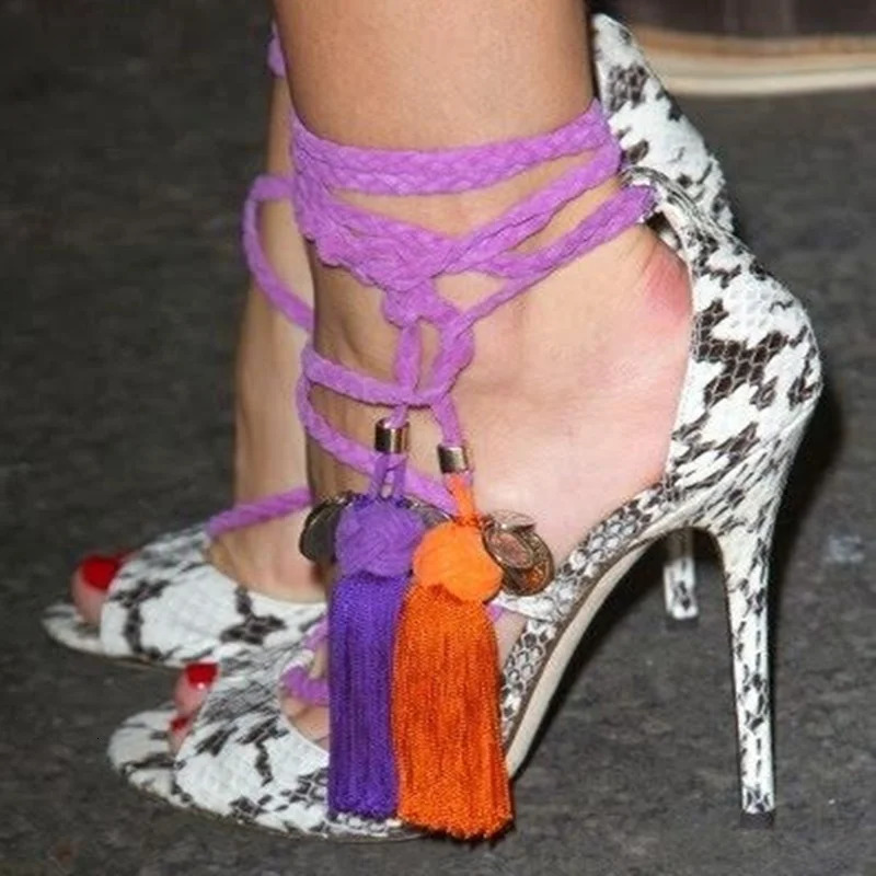 Snakeskin High Heel Sandals Purple Ankle Strap Tassel Dress Shoes Python Leather Stiletto Heels Lace-up Party Shoes 250617
