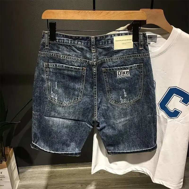 High-end Clothing Trendy Mens Denim Shorts Loose Straight Ripped Hole Distressed Washed Cargo Short Pants 250617