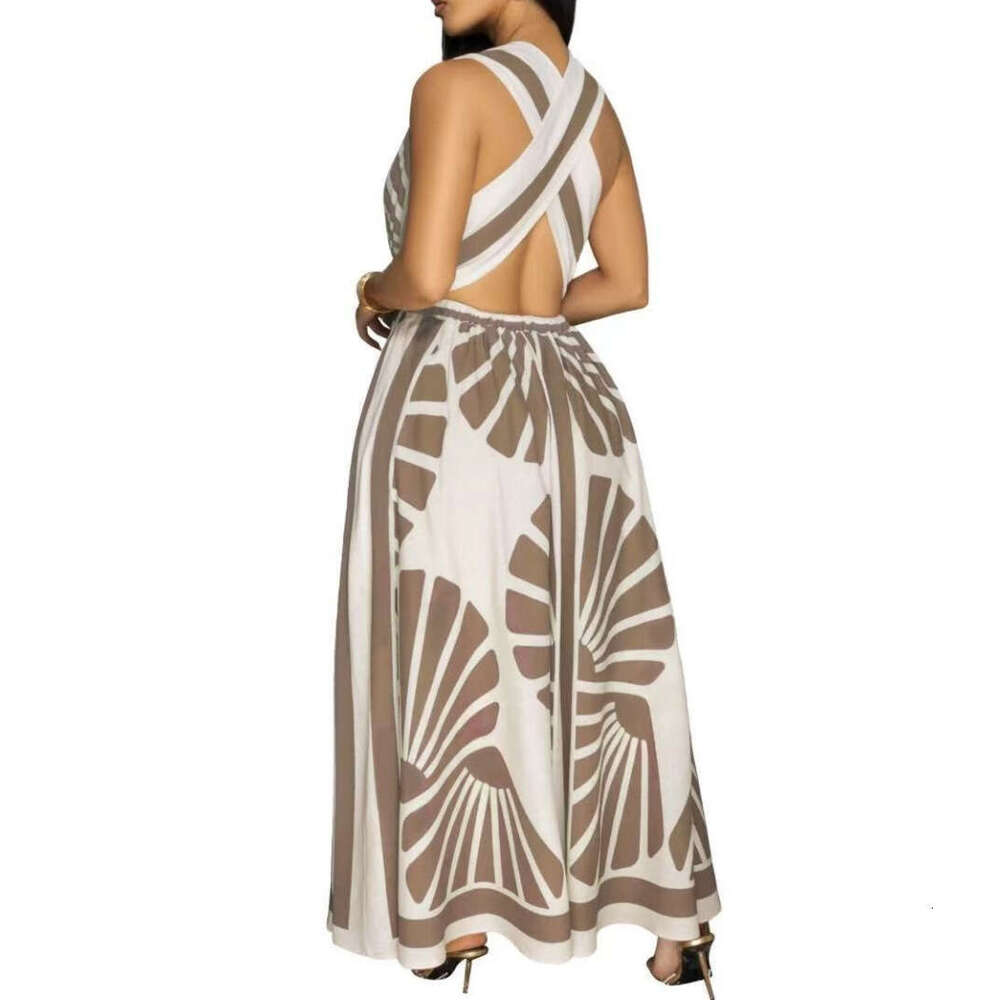 V-Neck Positioning Print Backless Bohemian Flared Dress B5