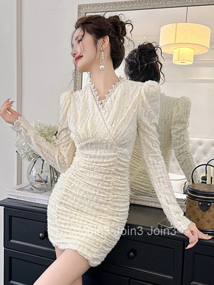 Fashion Spring Autumn Ladies Sequin Evening Short Dresses Women Elegant V-Neck Skinny Mini Dress Mujer Vestidos Stretchy Clothes