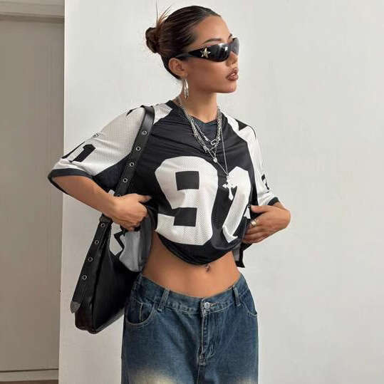Cross-Border Design Sense Sports Style Digital Print Color-Block Mesh Short Sleeve T-Shirt Loose Top