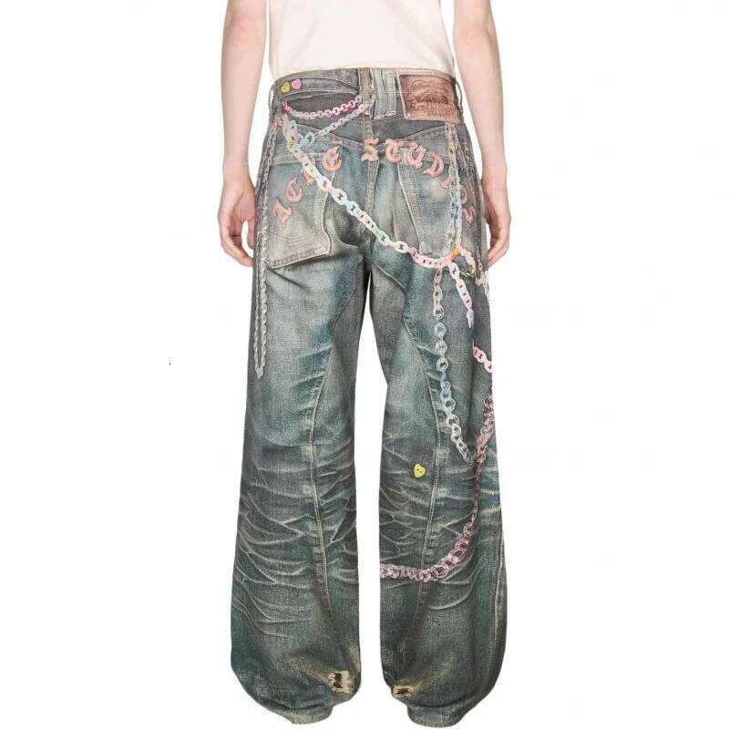Wide Leg Denim Jeans Retro Candy Chain Print Unisex Spring Summer New Style Loose Low Waist Trousers For Couples