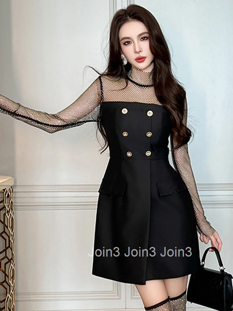 New Spring Elegant Luxury Black Sparkly Evening Short Dresses Women Clothes Chic Sexy Hollow Slim Party Mini Dress Mujer Vestido