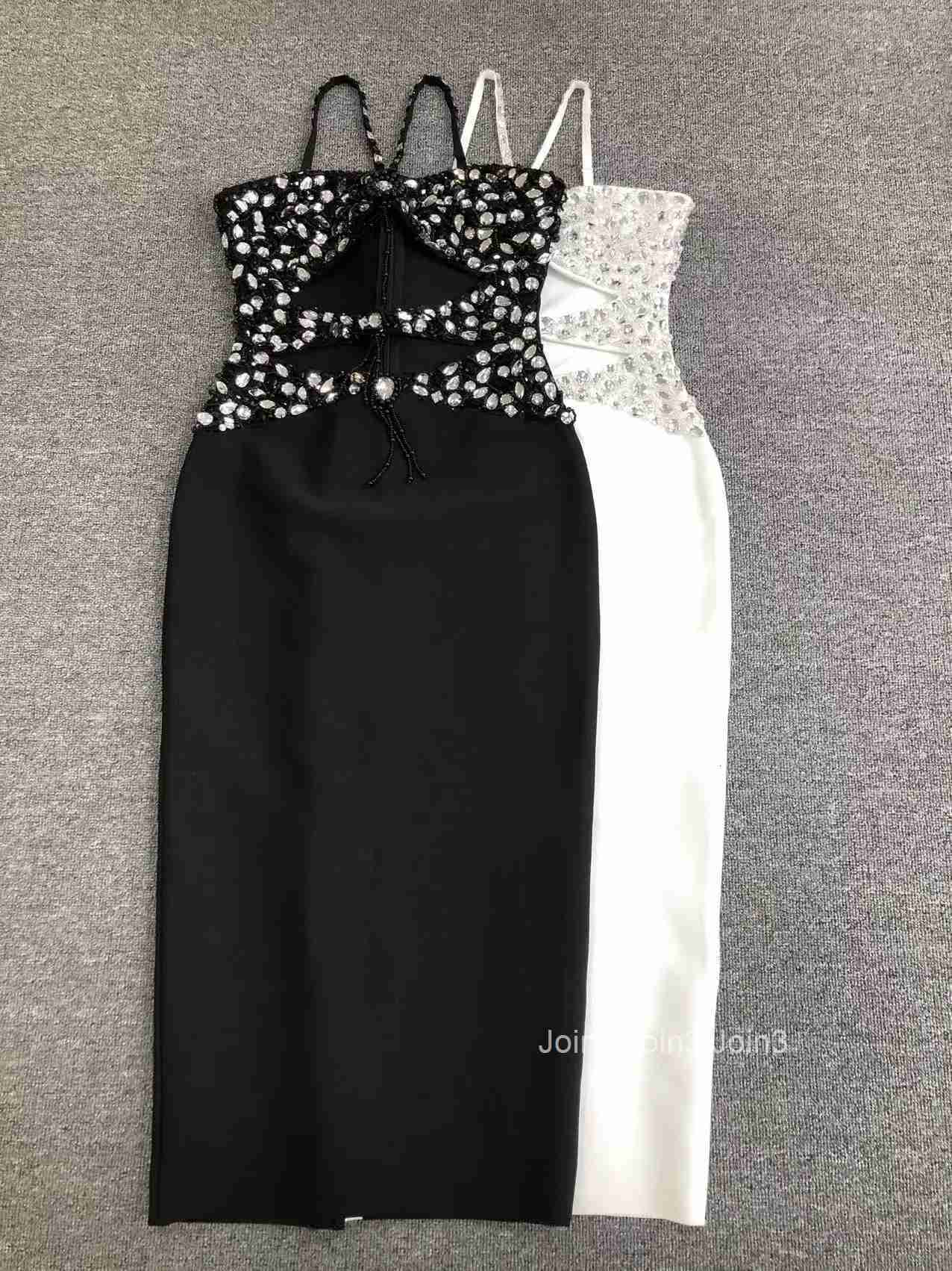 Fashion Diamond Decoration 2 Colors Camisole Long Dress For Women Sleeveless Sexy Hollow Backless Bandage Skirt Cocktail Wear