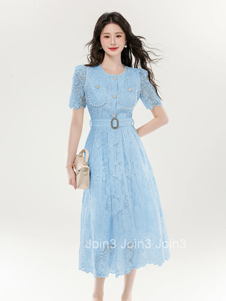 Women Clothes Sweet Floral Lace Sheer Short Sleeve Slim Midi A-Line Dress Elegant Fashion Party Vestidos Robe Casual Summer New