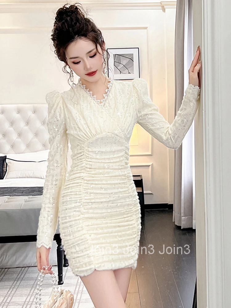 Fashion Spring Autumn Ladies Sequin Evening Short Dresses Women Elegant V-Neck Skinny Mini Dress Mujer Vestidos Stretchy Clothes