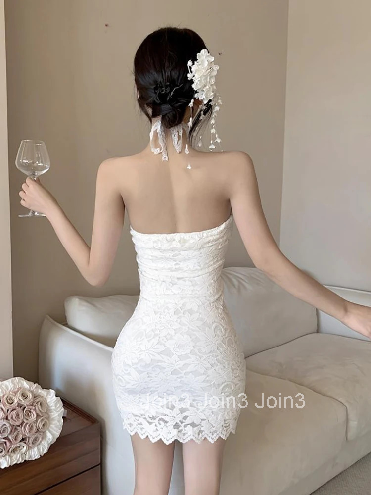 Women Clothes Y2K Hotsweet Lace Sexy Halter Backless Skinny Mini Short Dress Elegant Fashion Evening Party Club Prom Vestido New