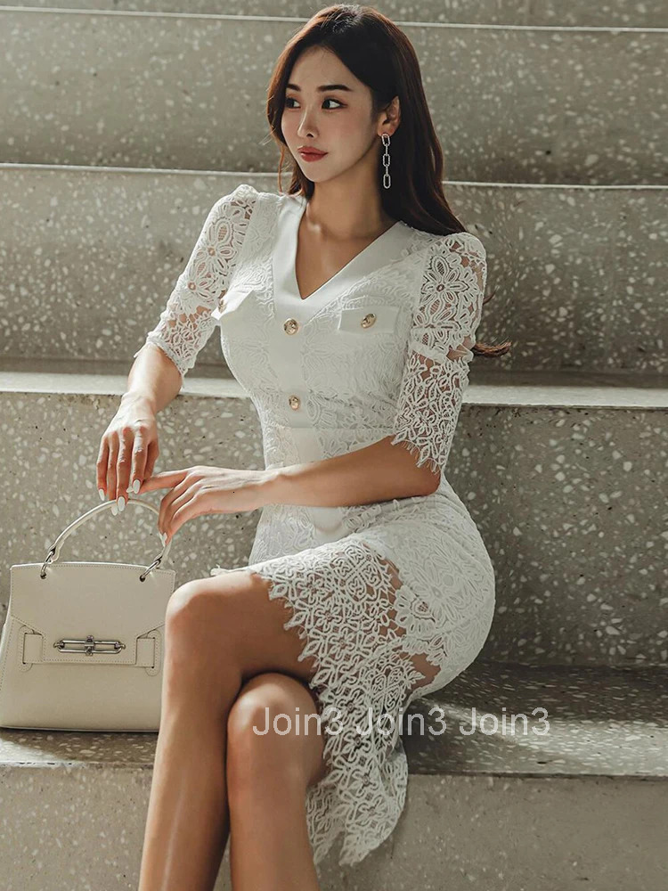 New Korean Fashion White Lace Long Pencil Dress Women Clothes Elegant Sheer V-Neck Slim Midi Party Prom Robe Femme Mujer Vestido