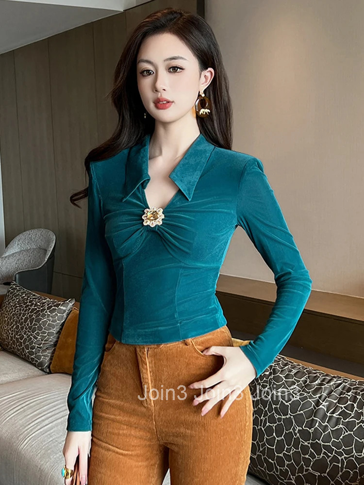 Women Clothes Sexy Solid Color Velvet T-Shirt Elegant Lapel Blouse Female Folds Tops Bottoming Slim Pullover Jumper Spring New