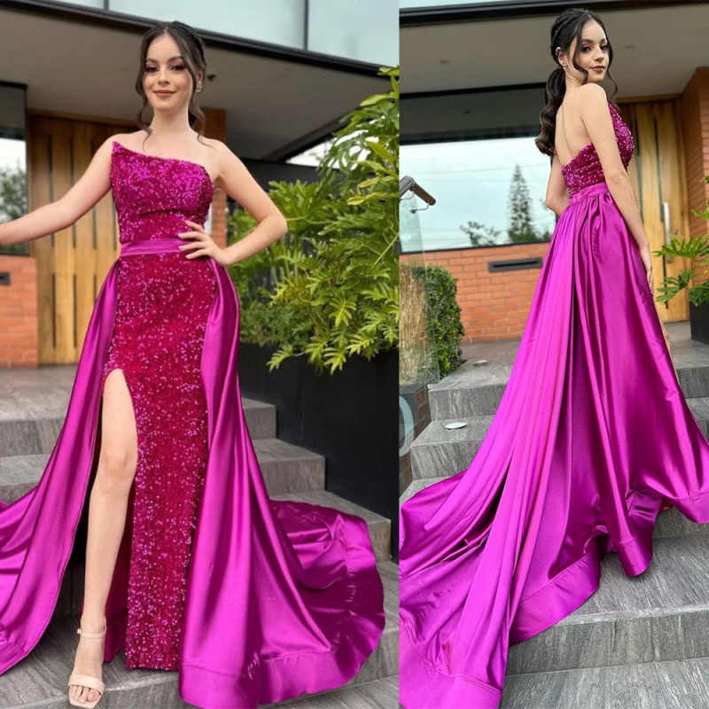 Sparkly Mermaid Evening Dress Strapless Sleeveless Sequins Prom Gowns High Splits Floor Length Formal Dresses Customized