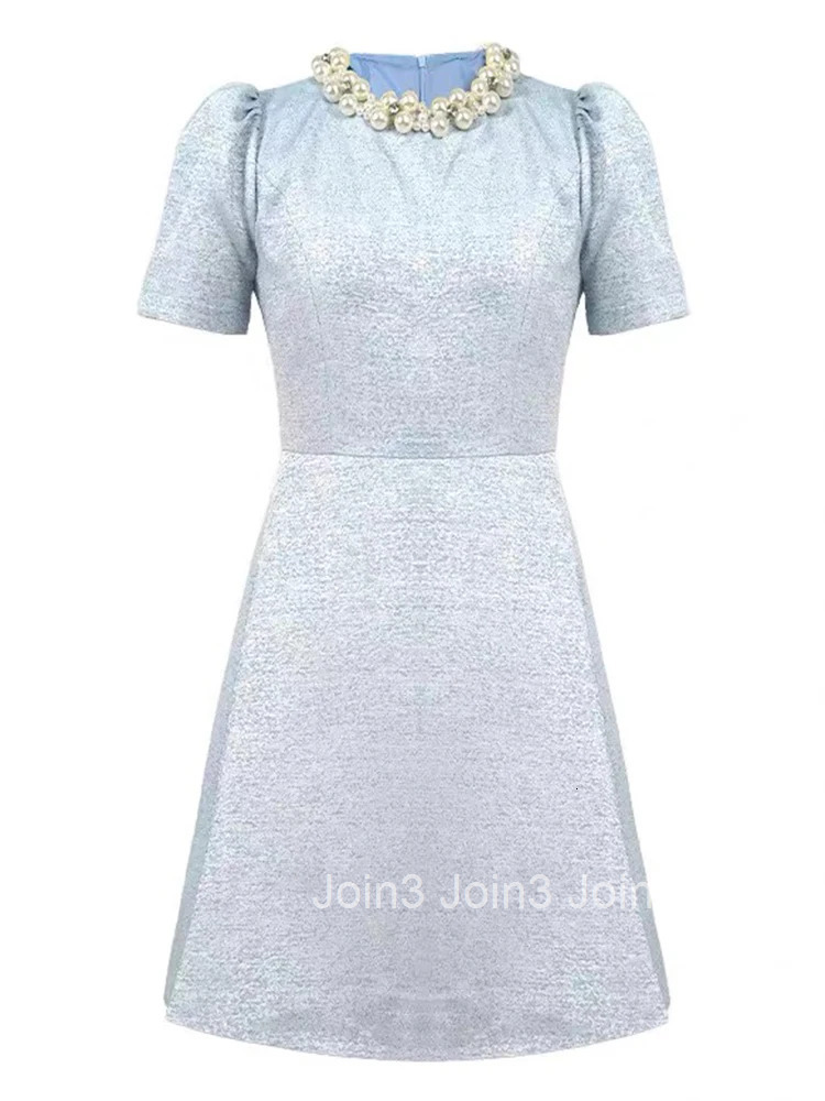 Summer Fashion Formal Occasion Evening Dress Women Elegant Luxury Pearl O-Neck Slim A-Line Short Party Vestidos Street Clothes