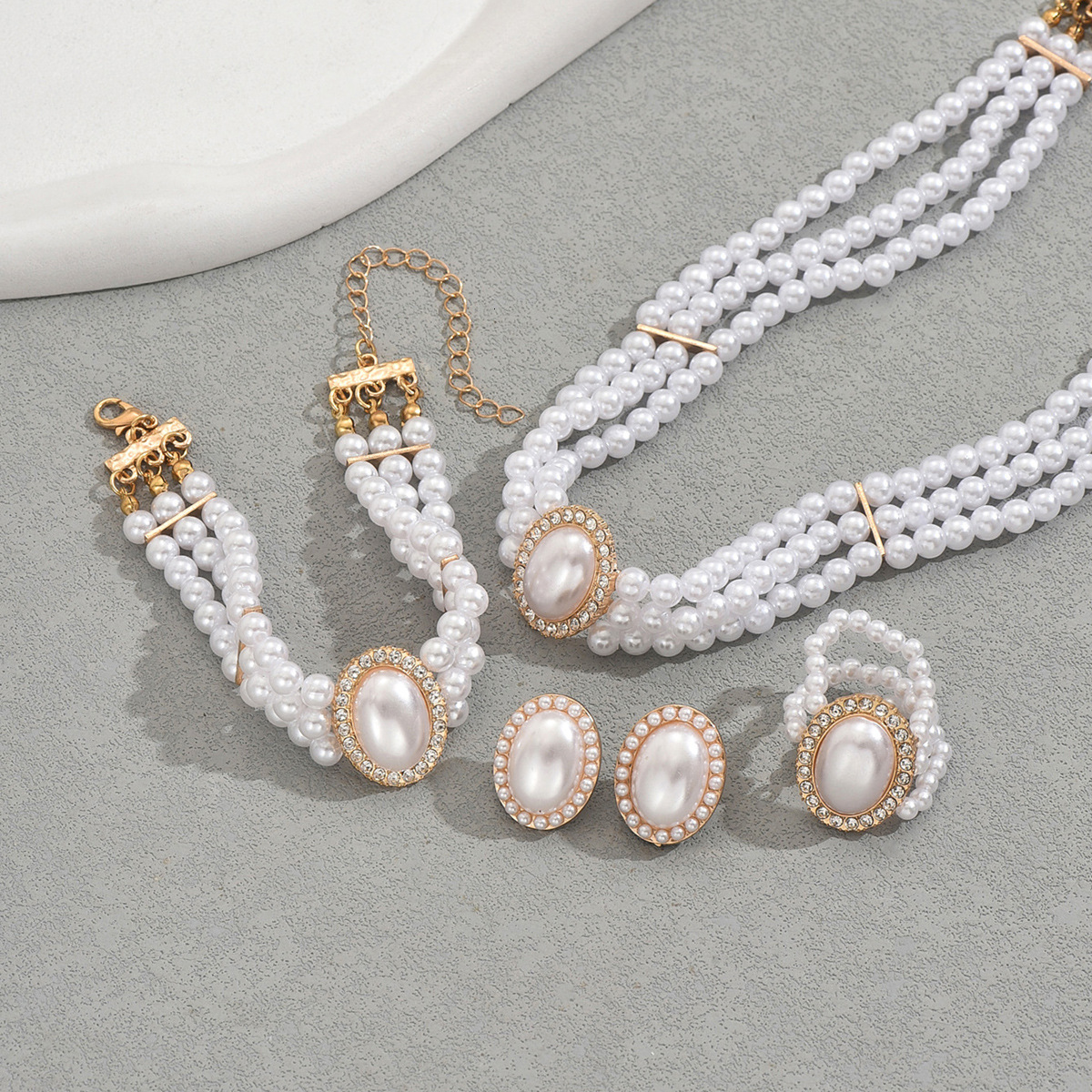 Women's Necklace Earrings Bracelet Set Small Multi-layer Pearl Clavicle Chain Jewelry