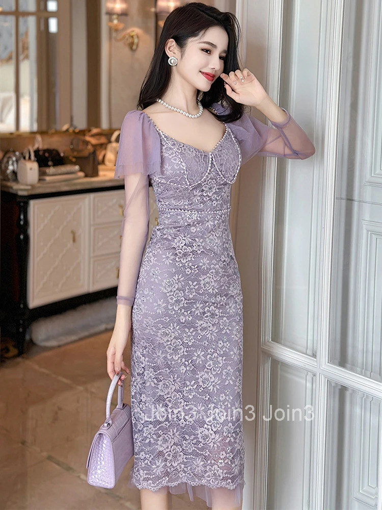 Fashion Spring Autumn Purple Lace Long Skinny Evening Dress Women Clothing Chic Sweet Slim Midi Prom Robe Mujer Ladies Vestidos