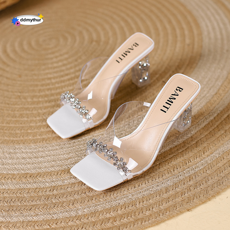 8882-7 Internet Celebrity Style Super Fairy Square Toe Rhinestone Slippers Chunky Heel High Heels Outdoor Sandals ddmythur