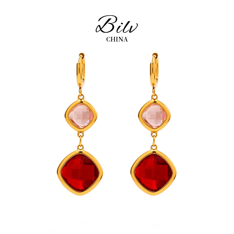 18K Gold Plated Boho Gold Crystal Drop Earrings, Pink & Red Square Charm Earrings for Party/Wedding Hypoallergenic