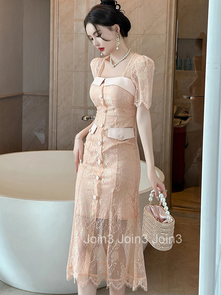 Fashion Summer Evening Party Long Dress Women Elegant Chic Lace Sparkly Bright Silk Pink Slim Midi Robe Femme Prom Mujer Vestido