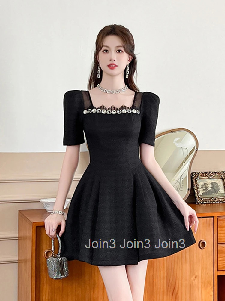 Elegant Luxury Black Evening Dress Women Clothes Summer Sweet Vintage Puff Sleeve Slim Mini Short Party Club Prom Vestido Fiesta