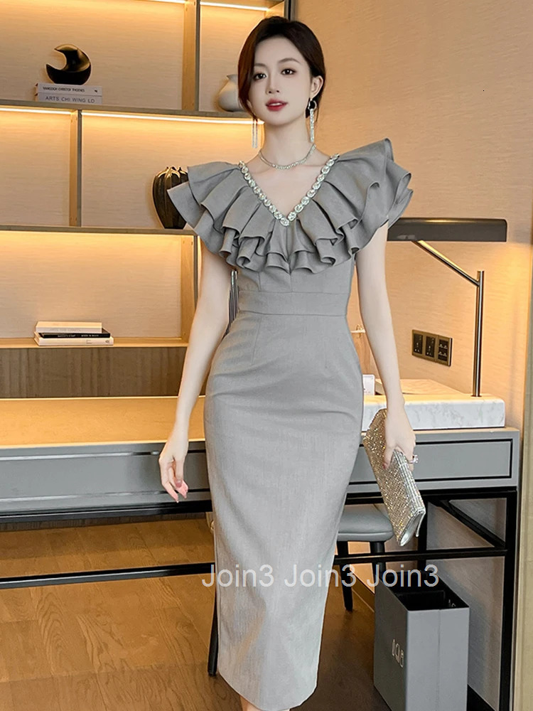 Women Clothes Gray Ruffle V-Neck Slim Midi Pencil Dress Elegant Luxury Fashion Evening Party Vestidos Casual Formal Occasion New