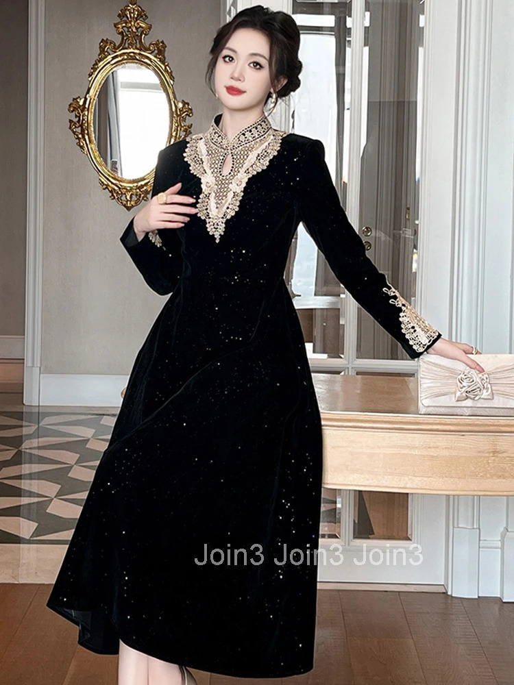 Women Clothes Elegant Sparkly Black Velvet Lace Stand Neck Slim Midi A-Line Dress Fashion Evening Party Prom Vestido Robe Casual