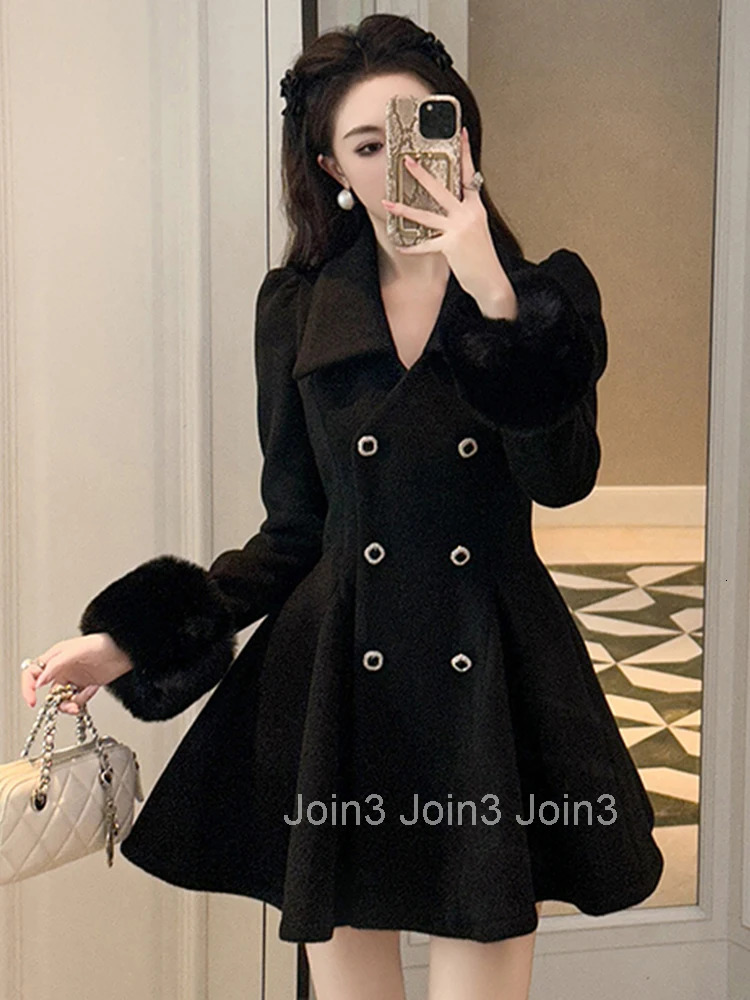 Women Clothes Black Woolen With Jacket Double-Breasted Elegant Hairy Long Sleeve Slim A-Line Coat Outerwear Autumn Winter Casual