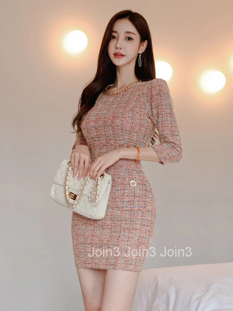 New Autumn Winter Elegant Short Dresses For Women Lady Formal Tweed Retro Sexy O-Neck Wrap Hip Mini Mujer Vestido Street Clothes