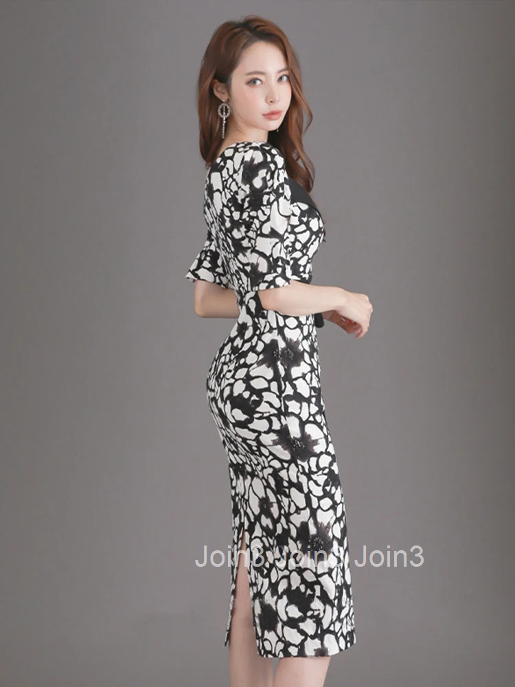 New Korean Fashion Summer Elegant Women Dress Chic Retro Formal Print V-Neck Slim Wrap Midi Pencil Street Clothes Mujer Vestidos