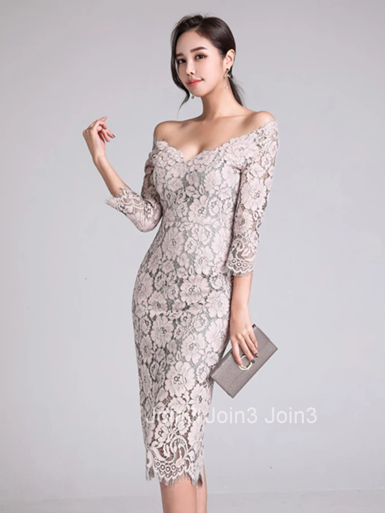 New Korean Fashion Ladies Lace Long Dress Women Mujer Elegant Chic Sexy Off-Shoulder Slim Midi Party Prom Vestido Street Clothes