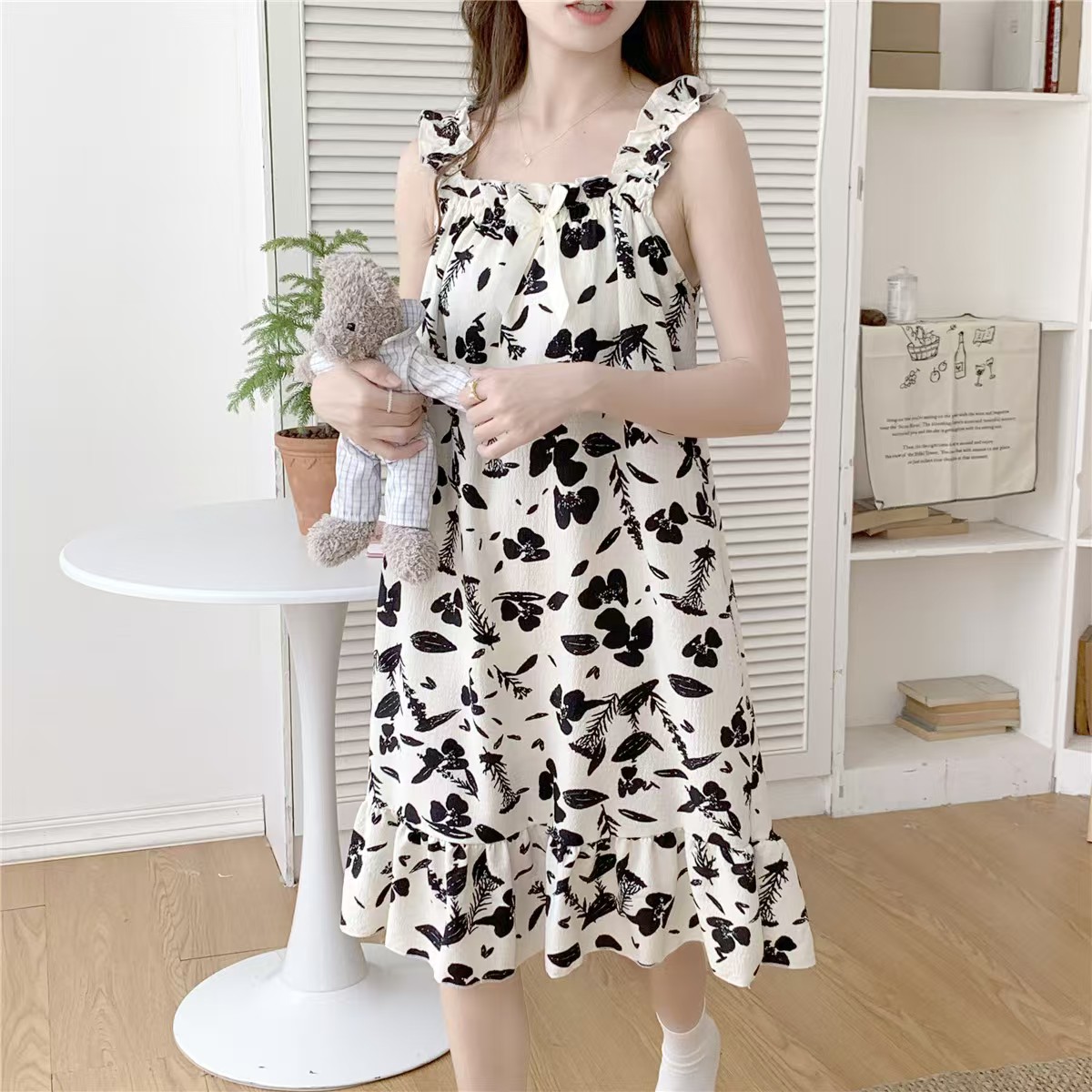 2025 women's models spring and summer sweet ins style halter mid-length loose nightgown female home dress black flower