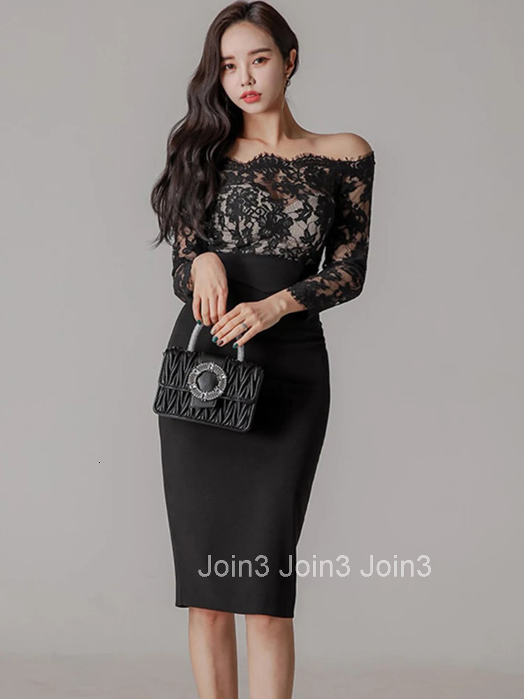 Fashion Korean Spring Autumn Elegant Women Dress Mujer Chic Lace Sheer Sexy Off-Shoulder Midi Dresses Party Club Prom Vestidos